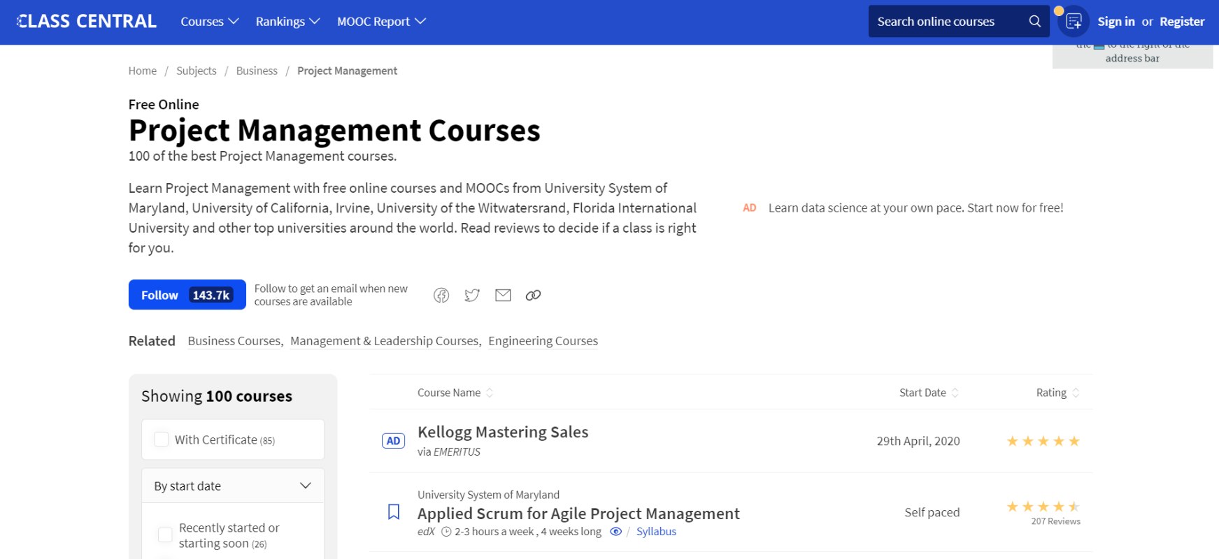 Classcentral - project Management courses