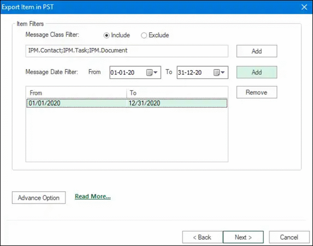 Export item in PST (screen)