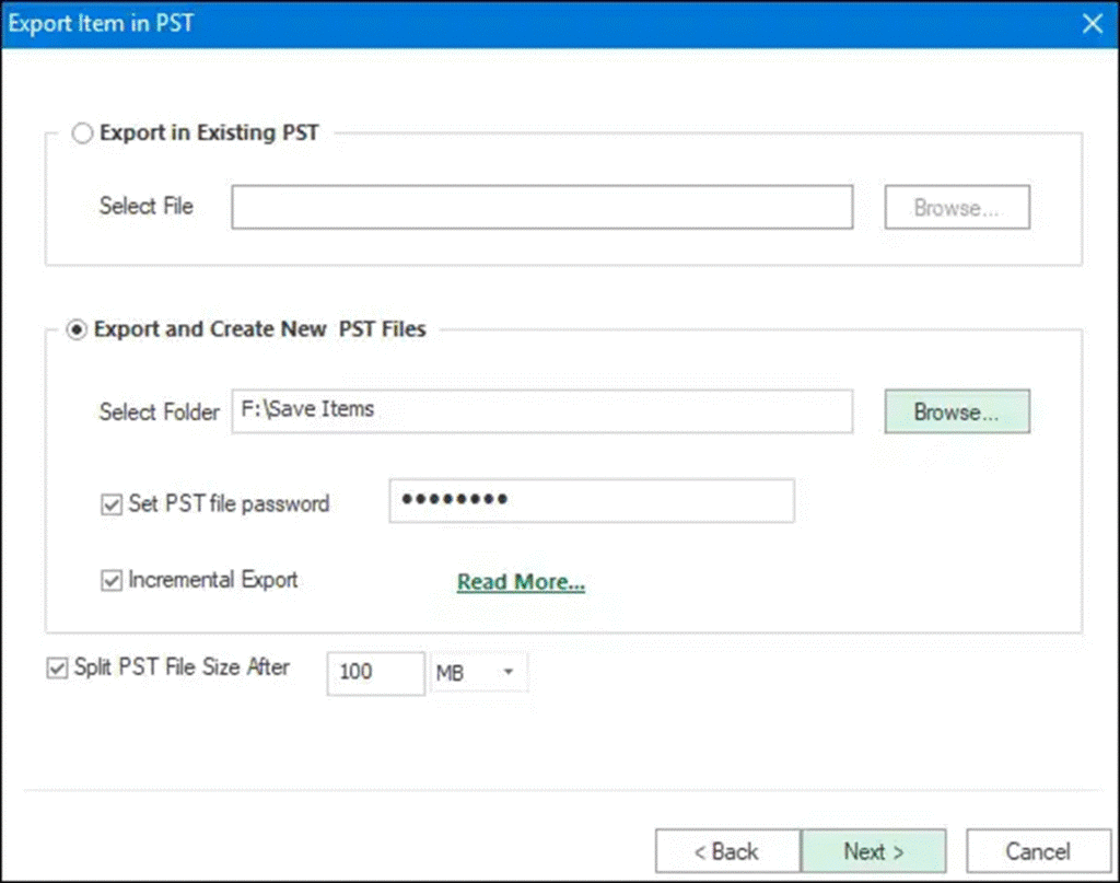 Export item in PST