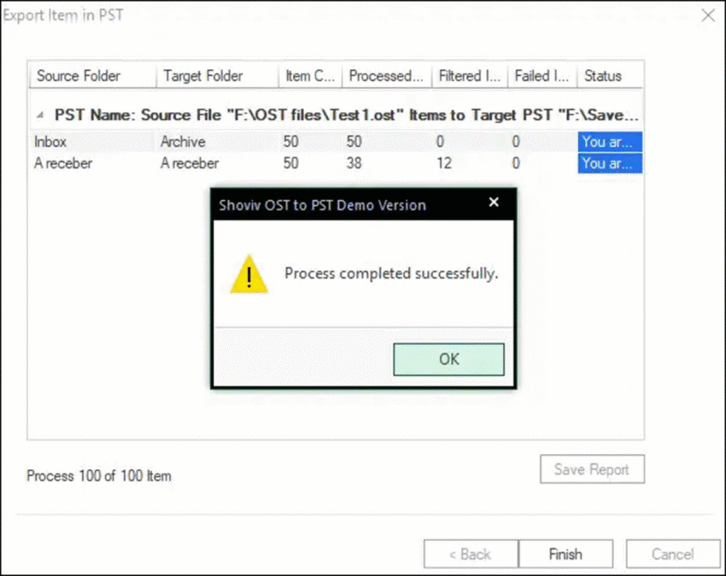 Export item in PST (screenshot)